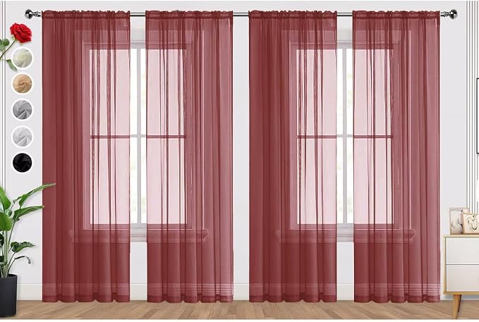 SpaceDresser Burgundy Sheer Curtains 4 Panels Rod Pocket Semi-Sheer Curtain 63 by SpaceDresser