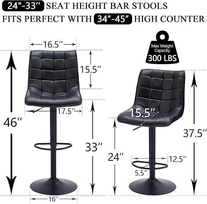 FIRAVOE Bar Stools Set of 2, Adjustable Counter Height Bar Stools 24"-33" - Image 2