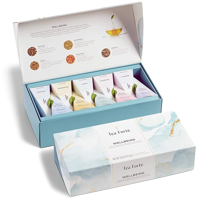 Tea Forte Wellbeing Organic Wellness Tea, Petite Presentation Box Tea Gift Set Sampler, 10 Count, 2 of Each Variety Individually Wrapped Handcrafted Pyramid Infuser Bags