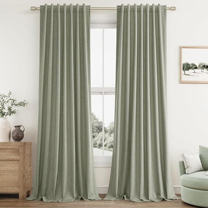Sage Green 100% Blackout Linen Curtains 84 Inch Length 2 Panels Set by Guken