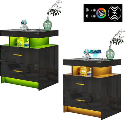WOOVIVS Night Stand Set 2 with USB/Type-C/Wireless Charging Station, Blakc by WOOVIVS