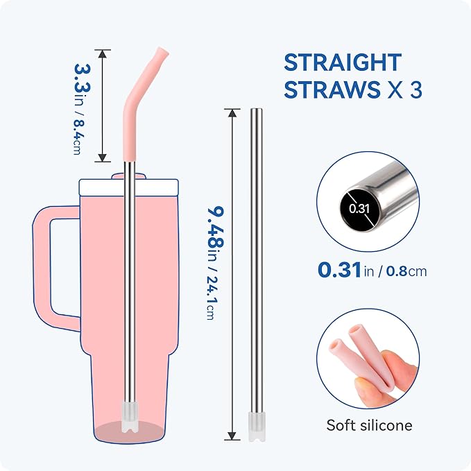 Reusable Metal Straws with Silicone Tip for Stanley 30oz,Stainless Steel Drinking Straws for 30oz Tumbler,3 Straight Tubes & 6 Tips& 1 Cleanr Brush (White)