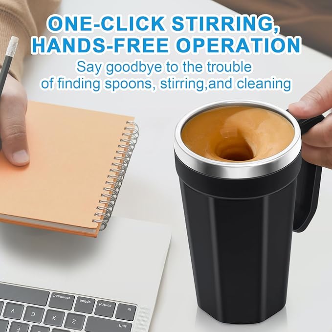 Self Stirring Coffee Mug with Temperature Display, 15oz Automatic Magnetic Mixing Cup, Rechargeable Travel Mug for Coffee, Milk, Cocoa - (Black)