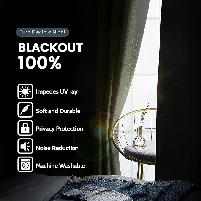 SimpleHome Light Sage 100% Blackout Curtains Room Darkening Living Room 63 | - Image 3