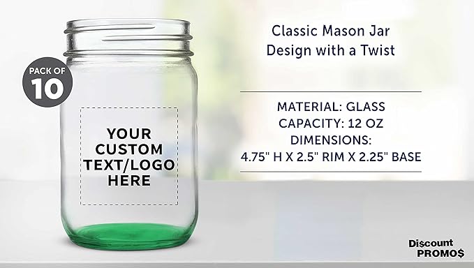DISCOUNT PROMOS Custom Decorating Mason Jars 12 oz. Set of 10, Personalized Bulk Pack - Glass Jars for Overnight Oats, Candies, Fruits, Pickles, Spices, Beverages - Green