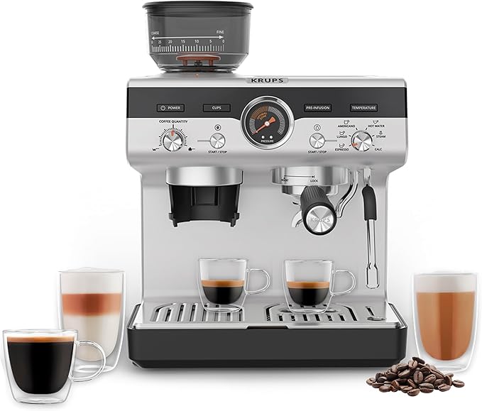 KRUPS Precision Espresso Coffee Machine with Grinder, Latte & Cappuccino Maker, Pump Pressure + Milk Frother Steam Wand, Adjustable Grind Settings for Barista-Quality Results, Stainless Steel & Black