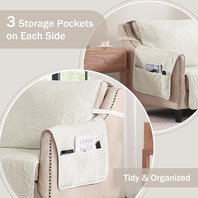 Quilted Sofa Slipcovers with Pockets, Anti-Slip Medallion Designed Couch Covers - Image 4