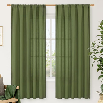 Olive Green Semi Sheer Linen Curtains 72 Inch Length by LAMIT