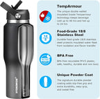 HYDROWION Water Bottle Insulated (Cold 48 hrs, Hot 24 hrs) 40 oz Stainless Steel Water Tumbler with Leak Proof Straw Lid, Spout Lid and Flex Cap,Double Wall Travel Tumbler Cup, Black&Grey