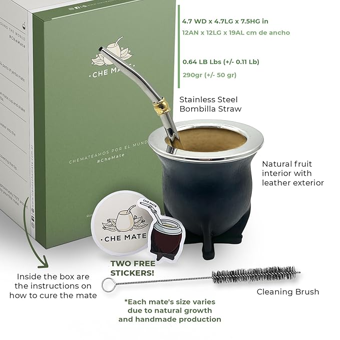 Premium Argentina-Uruguay Yerba Mate Cup and Bombilla Set, Organic Gourd Tea Mug with Steel Straw (Bombilla) and Cleaning Brush, Handcrafted for Loose Leaf Yerba Mate Tea - Camionero Version