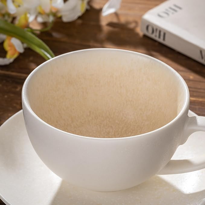 Ceramic Latte Art Mug With Saucer - 10 oz, Round Bottom For Perfect Pours - Cafe Cups for Cappuccino, Espresso, Coffee, Tea - Handmade Porcelain Set for Baristas, Great Gift - Apricot