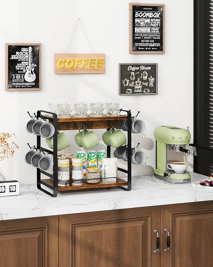 IBUYKE Coffee Bar Station Countertop Organizer,2 Tier Kitchen Mug Cup Holder Stand,Wooden Coffee Mug Organizer with 18 Hooks,Multifunctional Mug Tree for Home Kitchen, Office,Vintage Brown UTBJ006H