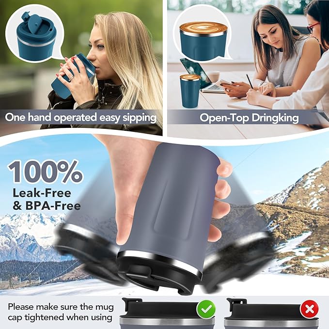 Volhoply 12 oz Double Wall Insulated Vacuum Travel Coffee Mugs with Flip Lid Bulk 2 Pack,Reusable Stainless Steel Leak Proof Coffee Cup,Portable Cafe Thermal Tumbler for Hot & Cold Drinks(Gray,2 Set)