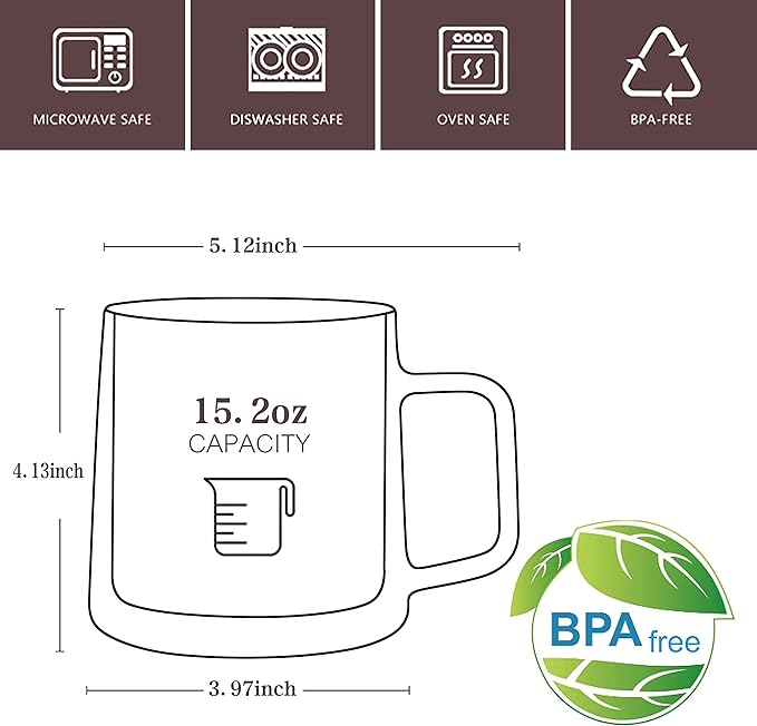 CNGLASS 15.2oz Glass Coffee Mugs,Double Wall Insulated Glass Mugs with Handle,Clear Espresso Mugs for Latte,Cappuccino,Tea Bag,Set of 2