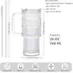 INSETLAN 26oz Ribbed & Floral Glass Tumblers with Handle and Lid, Set of 2 –Reusable Iced Coffee Cups with Straw, Glass Mugs for Water, Smoothies, Tea, and Juice – Ideal for Travel & Daily Use