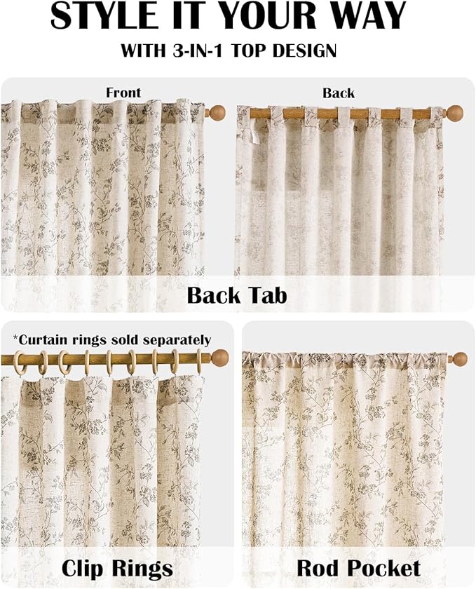 Grey Vintage Floral Linen Curtains Farmhouse 38W X 84L 2 Panels | Elisa Series - Image 4