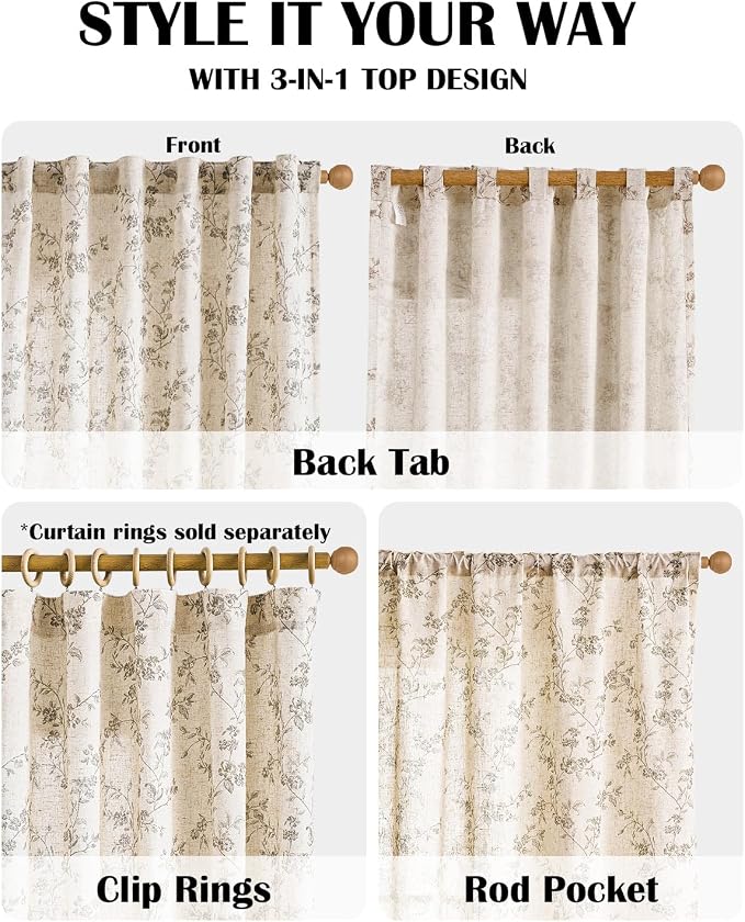 Grey Vintage Floral Linen Curtains Farmhouse 38W X 90L 2 Panels | Elisa Series - Image 4