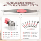 16-Piece Stainless Steel Measuring Cups and Spoons Set, Strong Magnetic Nesting Design 7 Cups 8 Spoons with Leveler, Double Measurement Markings for Dry & Liquid Ingredients, Pink