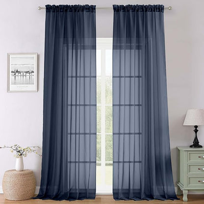 Navy Blue Sheer Curtains 120 Inches Long 2 Pcs, Solid Voile Light Filtering Rod by Lecloud