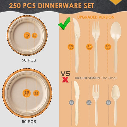 Gezond 250Pcs Disposable Paper Plates Set, Compostable Plate Sugarcane Utensils Eco Friendly Dinnerware Kit Includes 50 Biodegradable Plates, Forks, Knives and Spoons for Brithday Party Camping