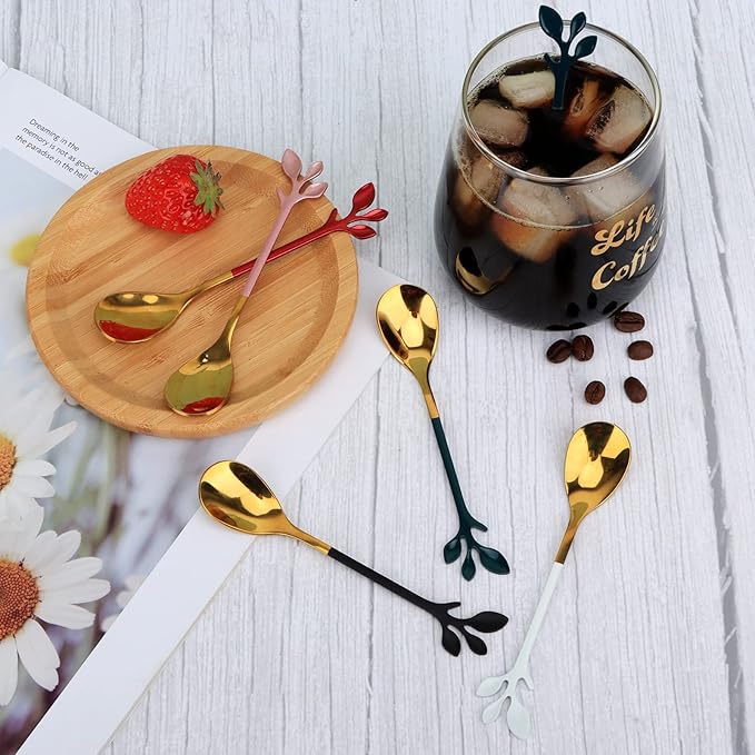 AnSaw 8-Pack Elegant Black & Gold Leaf 4.7" Espresso Spoons - Stainless Steel, Perfect for Coffee, Demitasse, Dessert & Tea, Mini Size for Small Servings