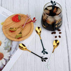 AnSaw 8-Pack Elegant Black & Gold Leaf 4.7" Espresso Spoons - Stainless Steel, Perfect for Coffee, Demitasse, Dessert & Tea, Mini Size for Small Servings