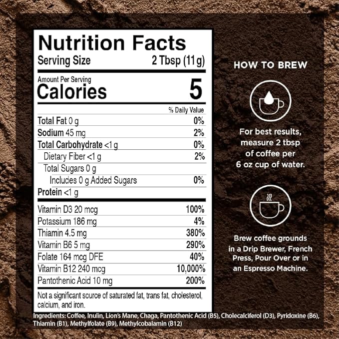 VitaCup Focus Mushroom Coffee Grounds, with Lions Mane, Chaga, B Vitamins, D3, Boost Focus, Immunity, Memory & Clarity, Medium Dark Roast, 100% Arabica Specialty, 20oz, 52 Servings