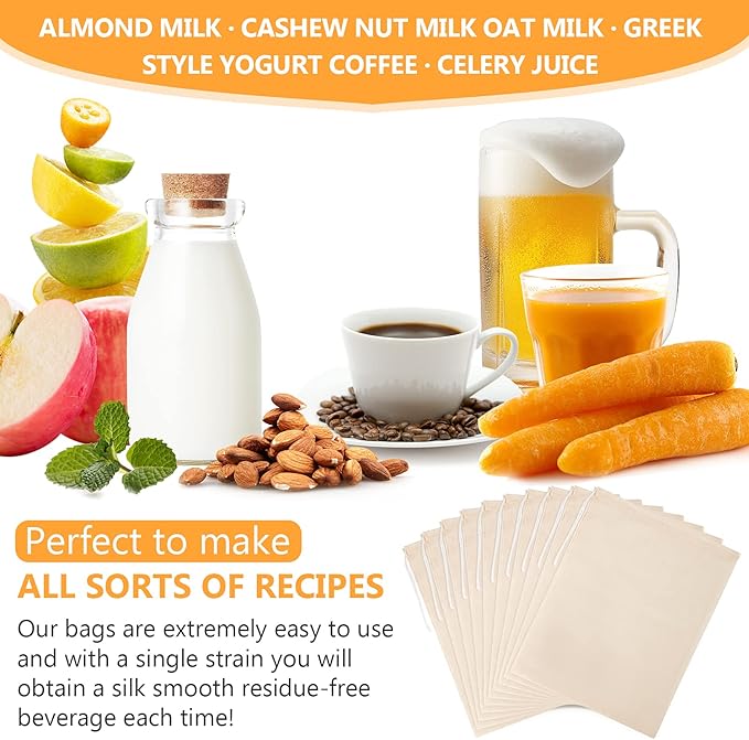 10 Pack Nut Milk Bag, 8‘’ x 12‘’ Fine Mesh Grade Reusable Cheesecloth Bags Strainers, Unbleached Organic Cotton Filter Bags for Almond Milk, Juices, ColdBrew, Cheese, Tea, Yogurt, Coffee
