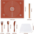 6PCS Silicone Baking Mat Set, Pastry Mat with Measurements Wooden Rolling Pin/Knife/Fork/Spoon/Scraper, Pasta Cutter,Non-slip Silicone Mat, Non-Stick Dough Mat for Counter,Kneading Mat Set,20"*16"