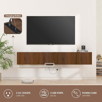 71” Floating TV Stand with LED Lights & Charging Station, Wall Mounted - Image 2