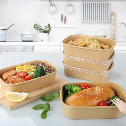 50 Sets 17oz Disposable Kraft Paper Bowls with Lids, Rectangle Paper Food Containers with Lids, Salad Bowls for Hot/Cold Food, Soup, Meal Prep, Ice Cream, Takeout, Party Supplies(500ml)
