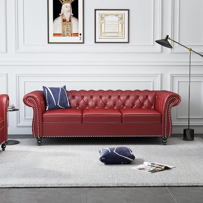Mid-Century 3 Seater Sofa, Faux Leather Couch - Image 3