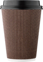 [100 SET]Harvest Pack 12 oz Disposable Coffee Cups, Insulated Ripple Double-Walled Paper Cups with Lids, Brown Geometric, Leak-Proof Drinking Cups for Tea Hot Chocolate Drinks To go coffee cups