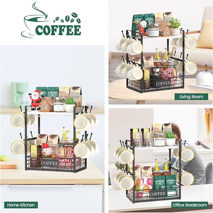 EsLuker.ly Coffee Mug Cup Holder Stand Bar Station Organizer for Countertop, Multi-Functional 2 Tier Mug Tree Rack for Kitchen, Storage Shelf with 12 Hooks, White-Black(Patented Design)