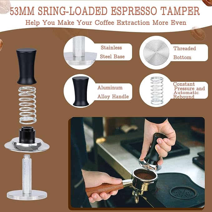 53mm Espresso Tamper Set - Spring-loaded Coffee Tamper, Adjustable Depth Espresso Distributor Leveler, Magnetic Dosing Funnel Aluminum Metal, Reusable Puck Screen, Fit for 53mm Portafilters