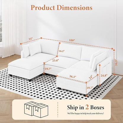 Vesgantti 109" U Shaped Cloud Sectional Sofa, Comfy Corduroy Upholstered - Image 2
