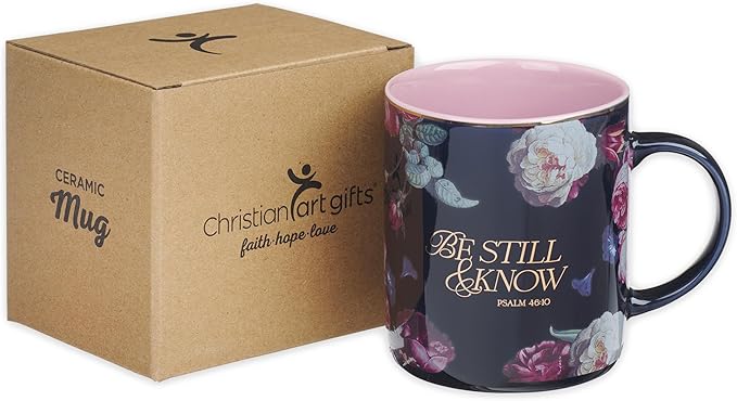 Christian Art Gifts Large Ceramic Inspirational Scripture Coffee & Tea Mug for Women: Be Still & Know Encouraging Gold Bible Verse, Lead/Cadmium Free Cute Drinkware, Dark Navy Blue/Pink Floral, 14 oz.