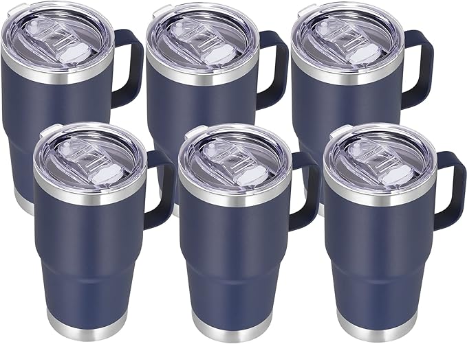 VEGOND 20 oz Tumbler Bulk with Handle Lid and Straw, Stainless Steel Insulated Travel Coffee Mug Set, Spill Proof Double Wall Metal Tumblers Cups, Navy Blue 6 Pack