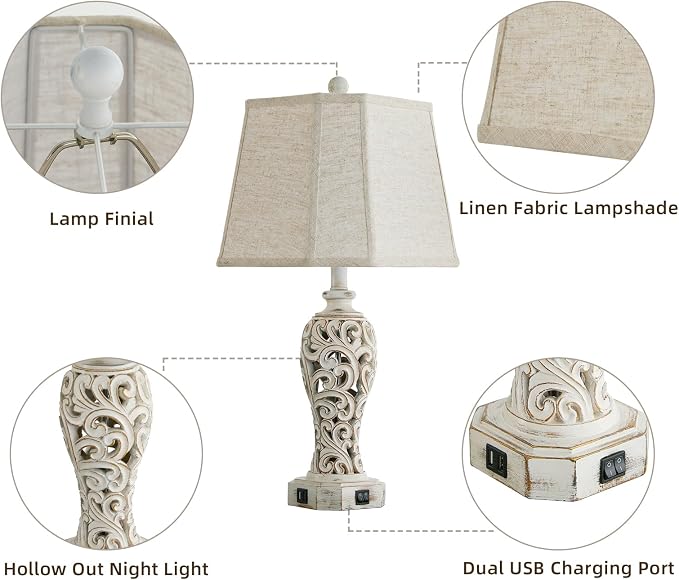25'' Farmhouse Table Lamp for Living Room Bedroom, 2 USB Ports Vintage Rustic - Image 7