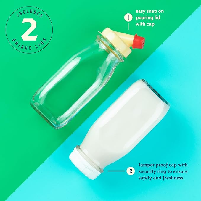 kitchentoolz 12 Oz Square Glass Milk Bottles with Lids (4 Pack) – Reusable Glass Creamer Bottles for Milk, Juice, and More – Includes Tamper-Proof Caps and One Silicone Pour Spout