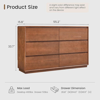 Solid Wood Dresser for Bedroom, Natural Solid Wood 6 Drawer Dresser, 55.2" Wide - Image 2