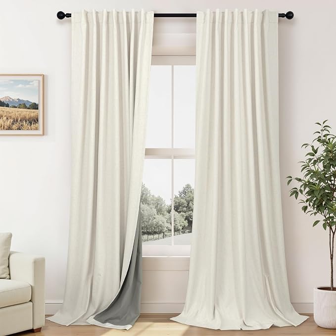 Extra Wide 60 Inch Width 100% Blackout Linen Curtains 102 Inches Long 2 Panels by Pitalk