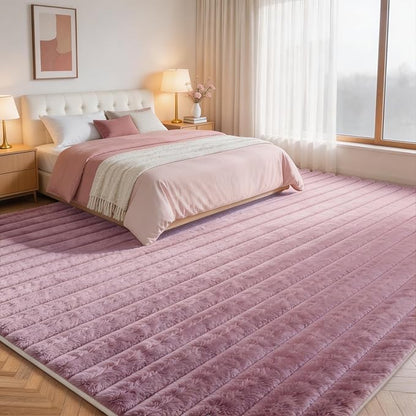 Dusty Rose Rabbit Striped Plush Rug 6'x9', Fluffy Shaggy Area Rug - Image 2