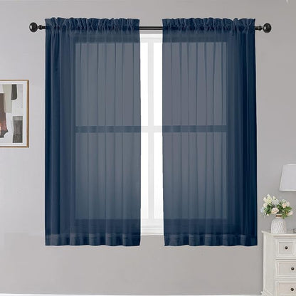Sheer Curtains - Navy 45" Long, Light Filtering Tiers by OWENIE
