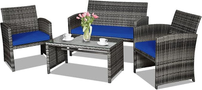 Goplus 4-Piece Rattan Patio Furniture Set, Outdoor Wicker Conversation Sofa by Goplus