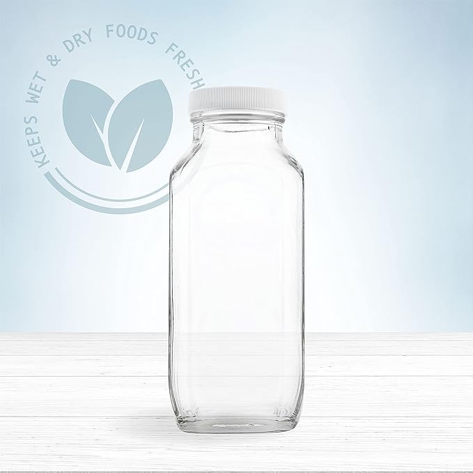 kitchentoolz 16oz Square Glass Milk Bottles with Airtight Plastic Lids – Pack of 4 | Reusable Milk Containers for Fridge & Lunchbox Storage – Ideal for Dairy, Smoothies, Juice, Water & More