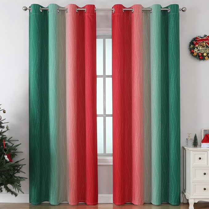 Red and Green Ombre Blackout Curtains 52Wx96L 2 Panels | Ombre Christmas - Image 2