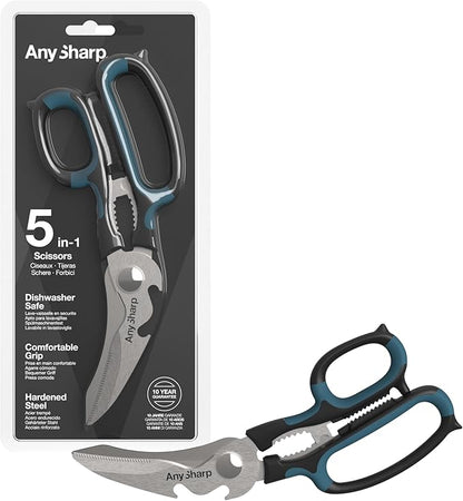 AnySharp 5-in-1 Multi-Function Kitchen Shears - Kitchen Scissors Heavy Duty with Hardened Steel Blades - Cut Chicken Bones and Thick Fabrics - Grip for Both Left and Right Handed - Dishwasher Safe