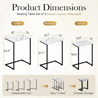 SUPER DEAL Nesting Tables Set of 3, Industrial C Shaped End Table Stackable - Image 3