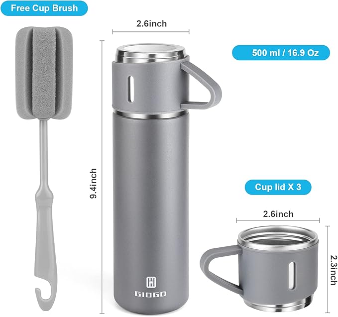 Stainless Steel Thermo 16.9oz Vacuum Insulated Bottle with Cup for Coffee Hot drink and Cold drink water flask.(Gray,Single)